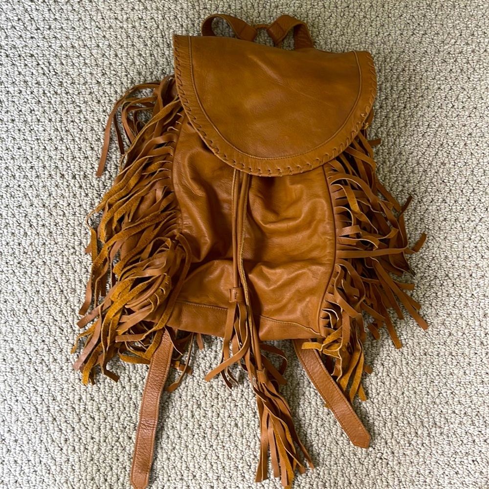 Cleobella leather fringe backpack. Tan/brown. Used, good condition